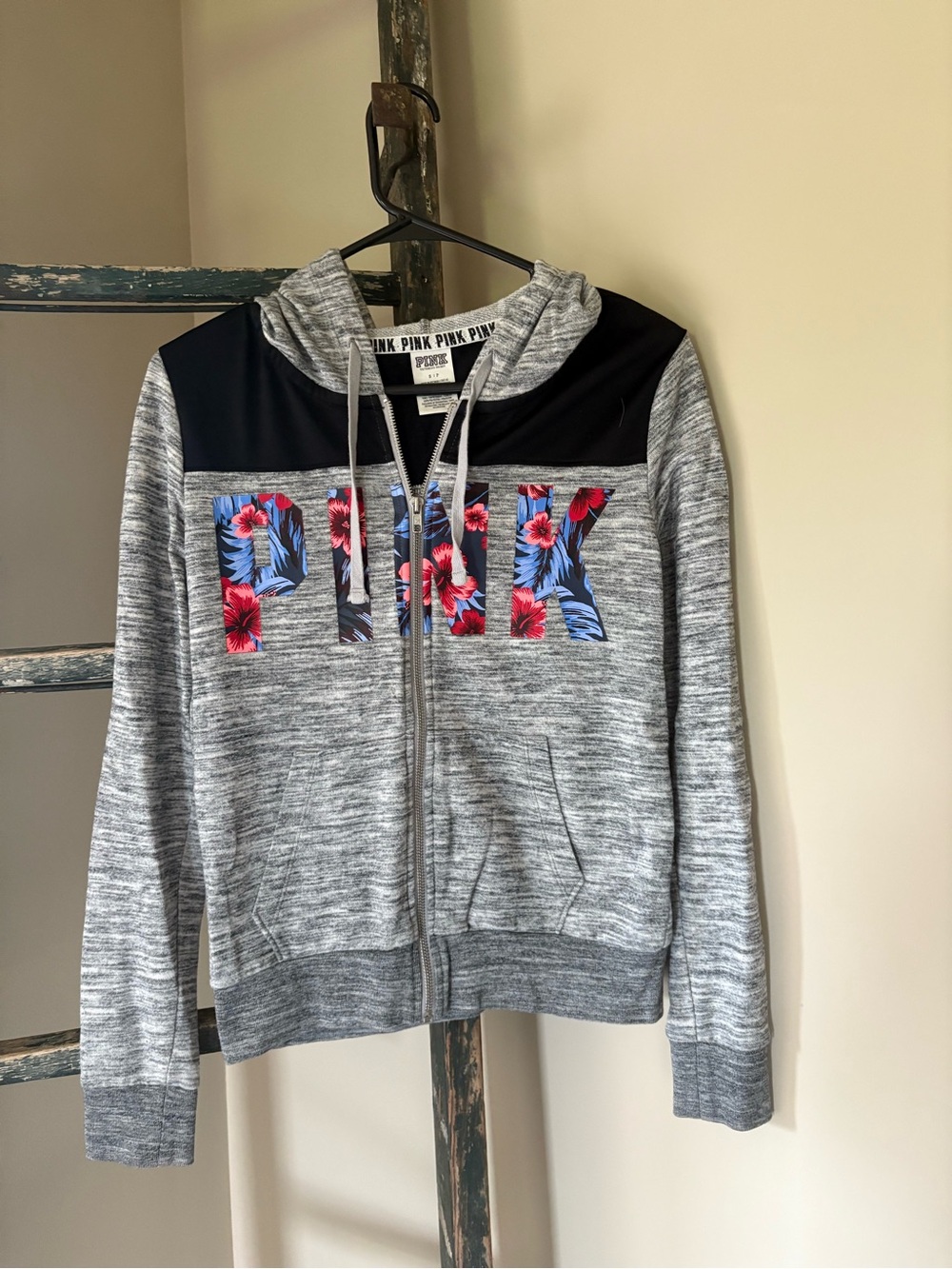 Victoria's Secret PINK Heather Gray Zip Hoodie with Floral Lettering
